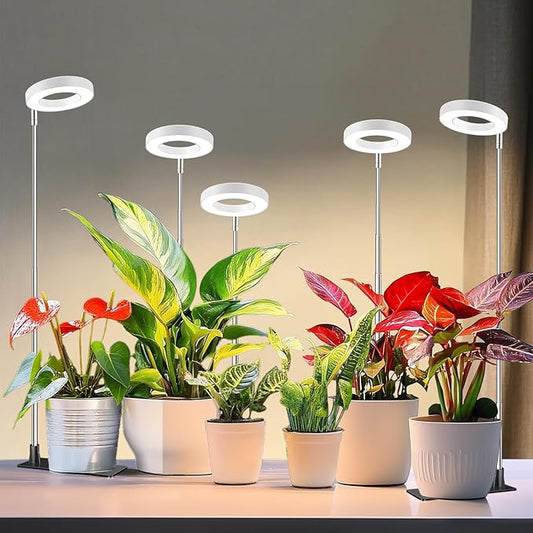 Grow Lights for Indoor Plants, 48 LEDs Full Spectrum Halo Plant Grow Light, Height Adjustable Growing Lamp with Detachable Base, 3/9/12Hrs Timer, 10 Brightness, 3 Color Modes, 5 Pack