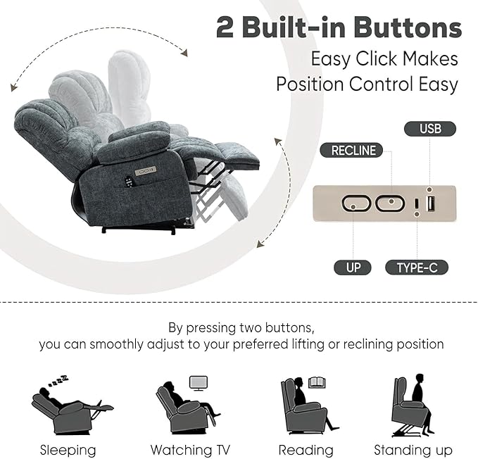 Power Lift Chair with Massage Lumbar Heating, Large Recliner Chair for Adult, 23" Wide Seat Big and Tall Recliner Sofa with Remote Control, Standing Assistance, Cup Holders, Blue Grey