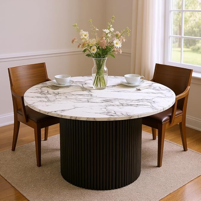 47'' Round Dining Table for 4-6, Modern Wood Farmhouse Kitchen Circle Table with Sturdy Cylindrical Pedastal, Dinner Tables for Dining Room, Living Room White Marble
