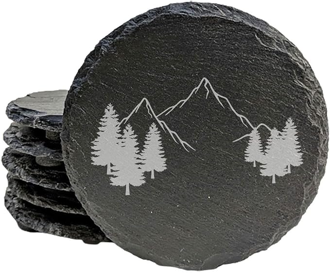 Mountain Majesty Slate Coasters with Stunning Mountain Scene Design - Perfect for Home and Office Decor and Protection of Surfaces, Available in Square or Round Coasters - Round Slate - Set of 4