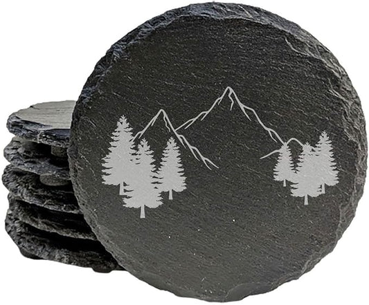 Mountain Majesty Slate Coasters with Stunning Mountain Scene Design - Perfect for Home and Office Decor and Protection of Surfaces, Available in Square or Round Coasters - Round Slate - Set of 4