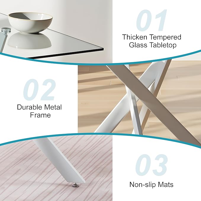 Dining Table for 4 Modern 35.43" Rectangular Glass Dining Table Kitchen & Dining Room Tables with Metal Base for Dining Room and Apartment, Matte White