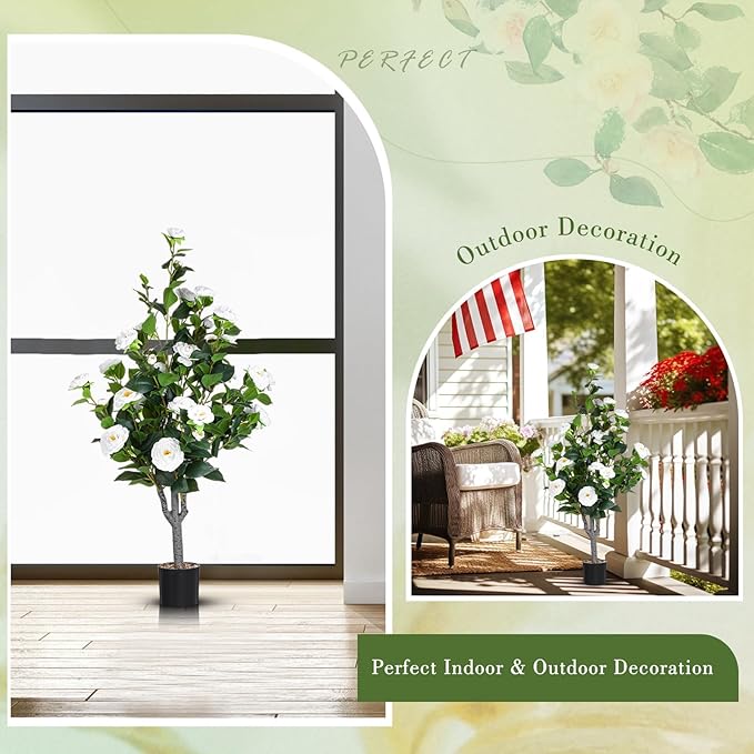 Jexine 2 Pack 40" Artificial Tree with Camellia, Fake Tree with 36 Blooming Flowers, Flower Plants Tree Faux Floral Plant Tree in Cement Pot for Indoor Outdoor Office Home Porch Decor (White,40")