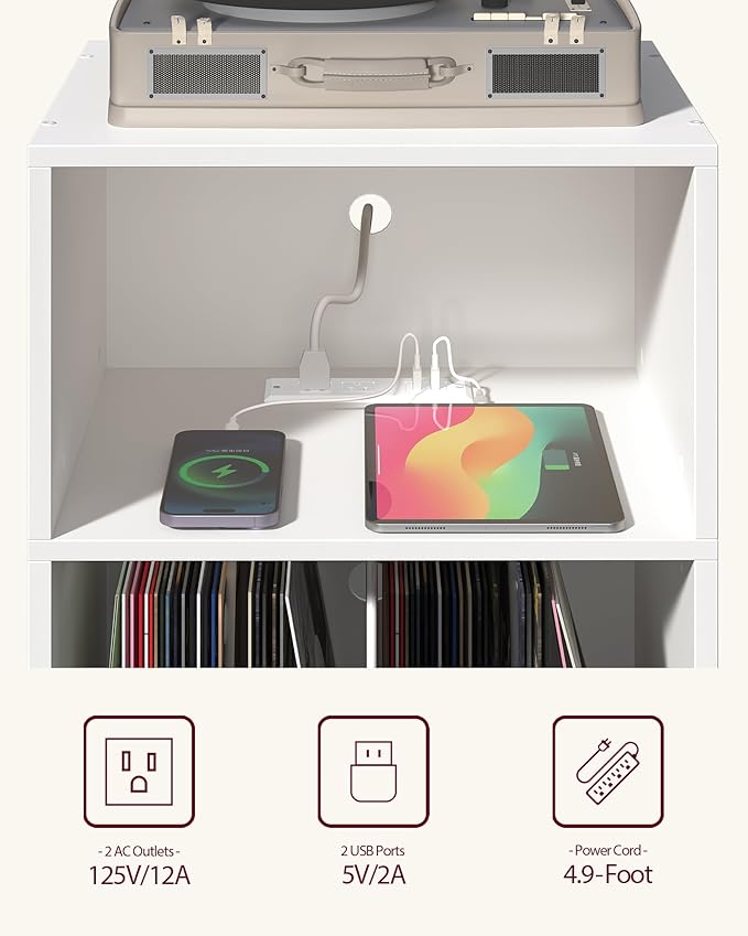 Record Player Stand, 3-Tier Side End Table with Charging Station, Turntable Stand Up to 160 Albums, Vinyl Storage Cabinet Dispaly Shelf for Living Room, Classic White