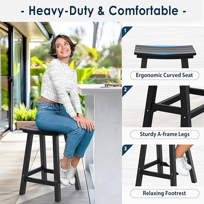 nalone 24 Inch Outdoor Bar Stools Set of 2, HDPE Bar Chairs with Footrest, Weather Resistant Barstool Outside Stools for Bars, Kitchen Counter, Balcony(Black, 24'' Barstools Set of 2)