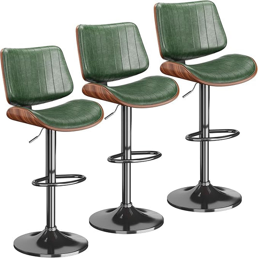 Swivel Bar Stools Set of 3, Adjustable Bentwood Barstools for Kitchen Counter, Modern PU Leather Upholstered Bar Chair with Back and Footrest, for Kitchen Island, Bar, Dining Room, Green