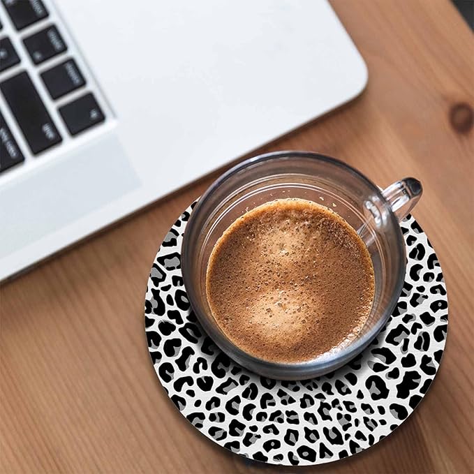 Leopard Pattern in Black and White Tones Round Coaster for Home Coffee Table Fashion Animal Decor Farmhouse Drink Coasters 100% Diatomite 4''X 4''X 0.35'' Printed Pattern