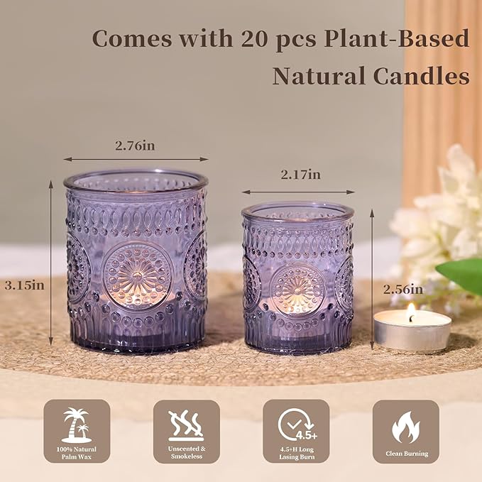 Volens 20pcs Assorted Purple Votive Candle Holders with 20pcs Tealight Candles, Large Glass Votive & Tea Light Candle Holder for Wedding Table Centerpieces, Christmas Party Decorations, Home Decor