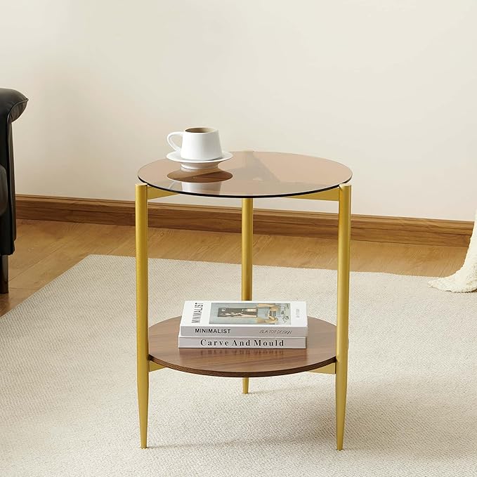 Round End Table, Mid-Century Modern Design, D20*H23 inch, for Living Room, 2-Tier Structure, Amber Glass Top and Walnut MDF Shelf, Sleek Conical Metal Legs with Gold Finish