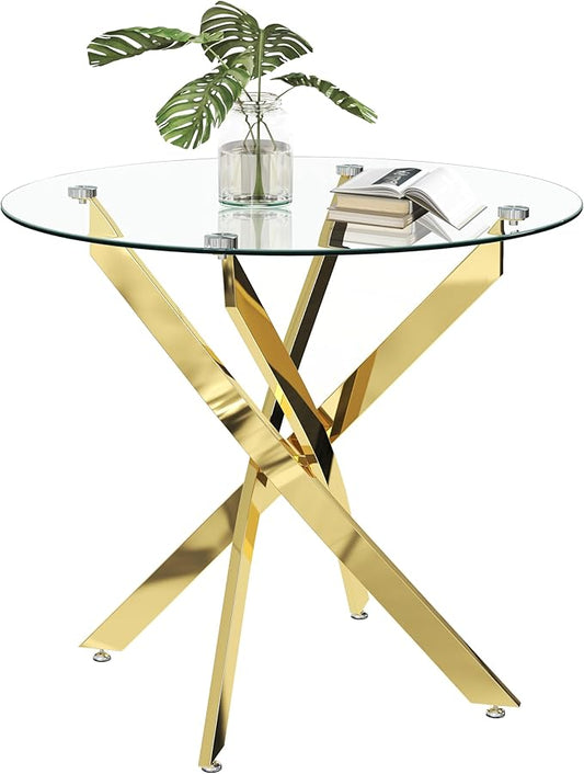 Round Tempered Glass Dining Table for 2-4 with Chromed Legs, 35.5 Inch Modern Small Kitchen Table Dining Room Table for Kitchen Dining Room (Gold)