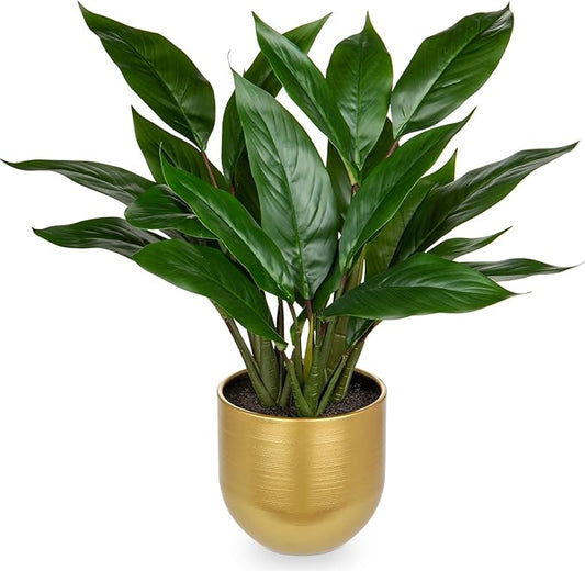 Fake Plants 17'' Faux Plants Artificial Potted Plants Indoor Realistic Fake Cast Iron Plant Artificial Plants with Gold Pot for Home Office Farmhouse Kitchen Bathroom Table Shelf Decor