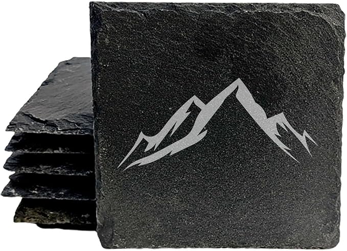 Mountain Majesty Slate Coasters with Stunning Mountain Scene Design - Perfect for Home and Office Decor and Protection of Surfaces, Available in Square or Round Coasters - Square Slate - Set of 5