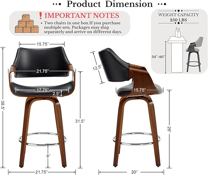 26’’ Modern Barrel Swivel Counter Stools Counter Height Swivel Bar Stools with Backs Set of 2 Black Faux Leather Upholstered Bar Height Island Chairs, Farmhouse Walnut Wood Barstool for Kitchen Island