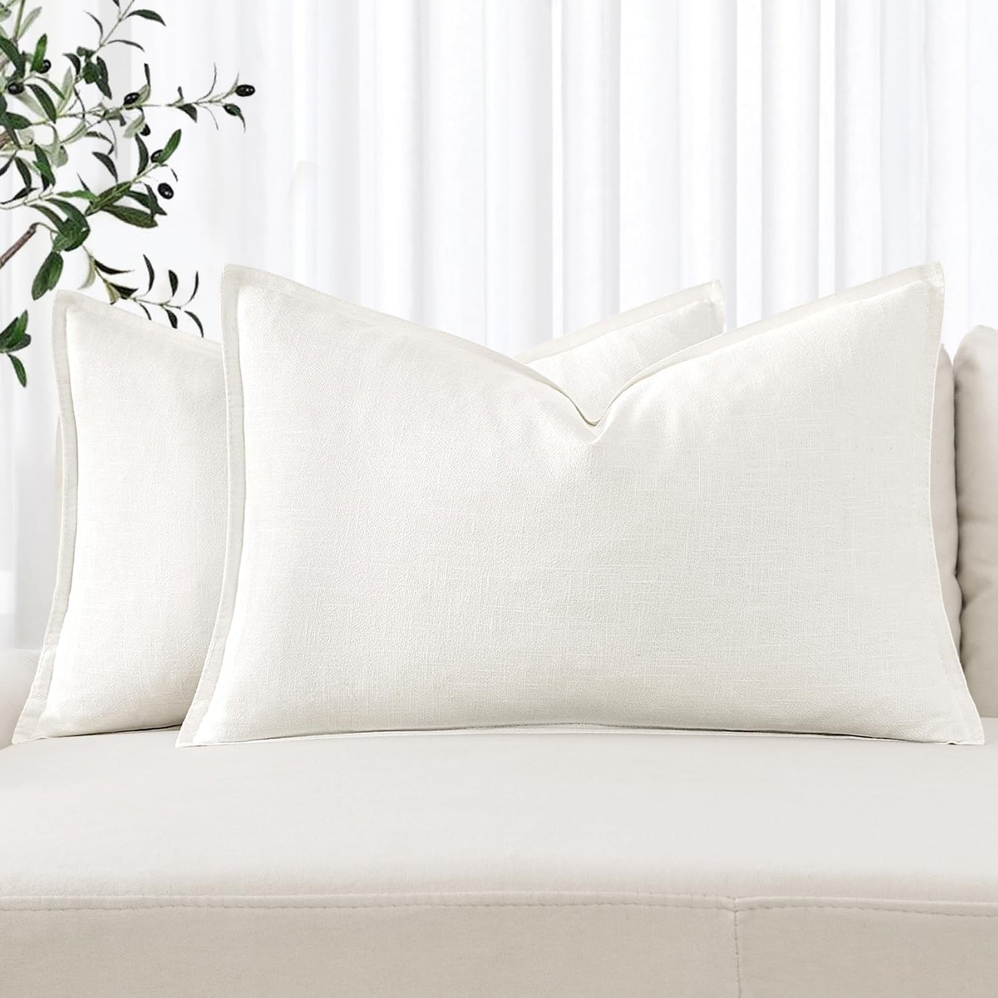 MIULEE Decorative Linen Lumbar Pillow Covers 12x20 Inch Cream White Boho Farmhouse Neutral Couch Throw Pillows Christmas for Bed Pack of 2 Accent Modern Pillowcase Sofa Livingroom Home Decor