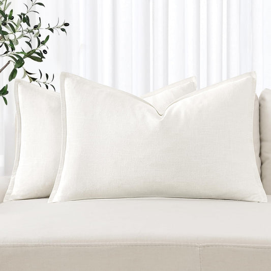 MIULEE Decorative Linen Lumbar Pillow Covers 12x20 Inch Cream White Boho Farmhouse Neutral Couch Throw Pillows Christmas for Bed Pack of 2 Accent Modern Pillowcase Sofa Livingroom Home Decor