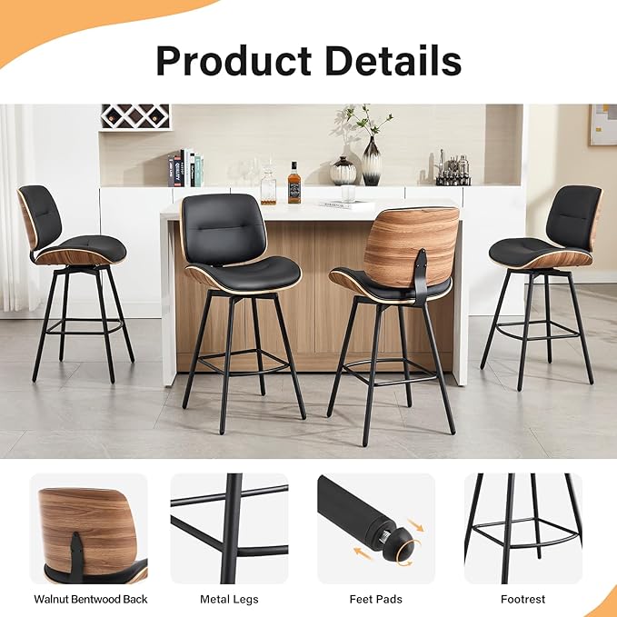 Mid Century Modern Counter Stools Set of 2, 27" Swivel Bar Stools with Metal Legs, Faux Leather Upholstered Bar Chairs with Footrest for Kitchen Island & Dining Tables, Black