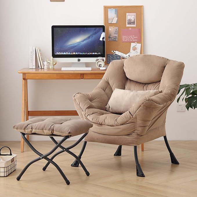 Lazy Chair with Ottoman, Modern Accent Chair with Lumbar Pillow, Comfy Chairs with Folding Footrest for Bedroom, Reading, Oversized Supportive Lounge Chairs(Velvet Khaki)