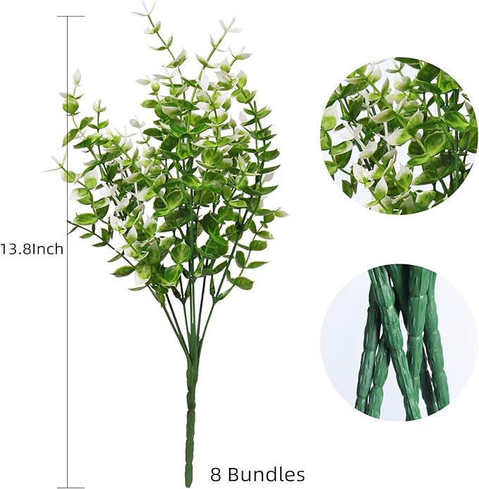 RECUTMS Artificial Faux Plants Flowers Outdoor Spring Decoration, 8 Bundles Artificial Flowers for Outdoors Realistic UV Resistant for Outside Home Planter Porch Patio Window Yard Decor(White)
