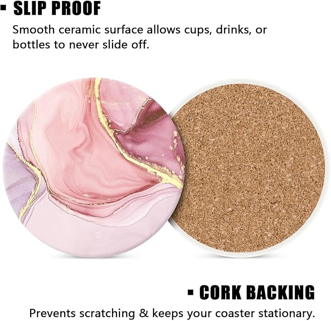 Drink Coasters Set of 4 with Holder Round Water Absorbent Pink Cute Marble Ceramic Coasters Tabletop Protection, Suitable for Various Mugs, Home Decor，Housewarming Gift, 4 Inch