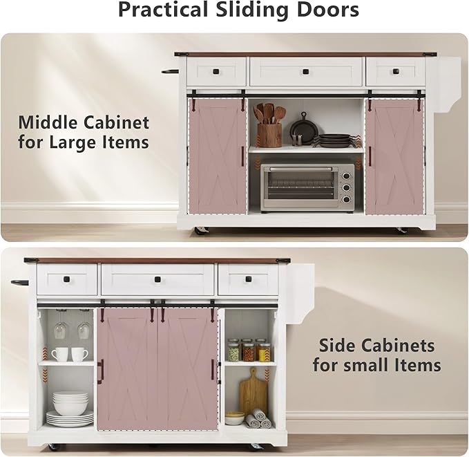 Merax Farmhouse 58 inch Kitchen Island on 5 Wheels with Drop Leaf Table, Power Outlet & Glass Holders, Wood Kitchen Rolling Cart with Spice Rack & Sliding Barn Door, 3 Drawers & Cabinet, White