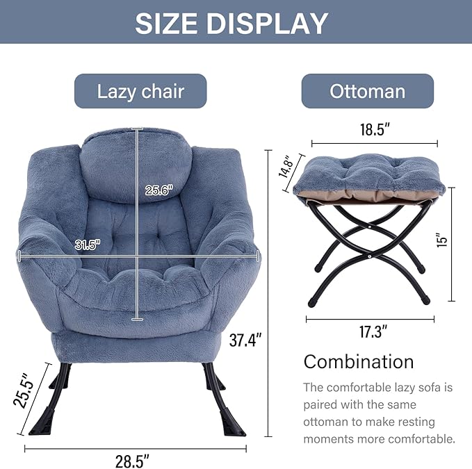 LITA Lazy Chair with Ottoman, Modern Accent Leisure Upholstered Sofa Chair, Lounge Reading Chair with Armrests and a Side Pocket for Living Room, Bedroom & Small Space, Plush Light Blue