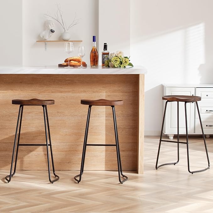 HeuGah Bar Stools Set of 3, Solid Wood Counter Height Bar Stools 30 Inch Saddle Seat Barstool Rustic Tall Bar Height Stool for Kitchen Island with Metal Leg (Walnut, 3 PCS 30Inch Barstool)