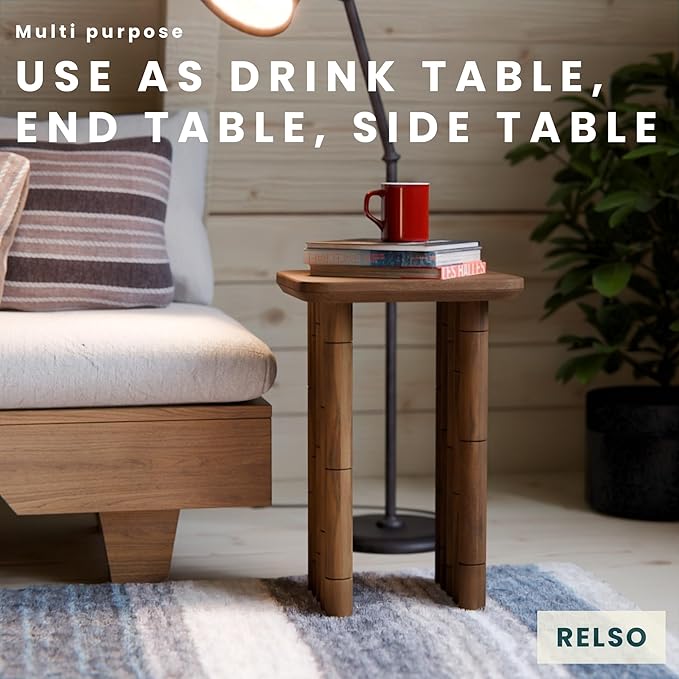 Bambos End Table - Solid Mango Wood Side Table with Bamboo-Inspired Legs | Handcrafted Accent Table for Living Room, Bedroom, Entryway | Easy Assembly, Sturdy, Compact & Durable Design | Walnut Finish