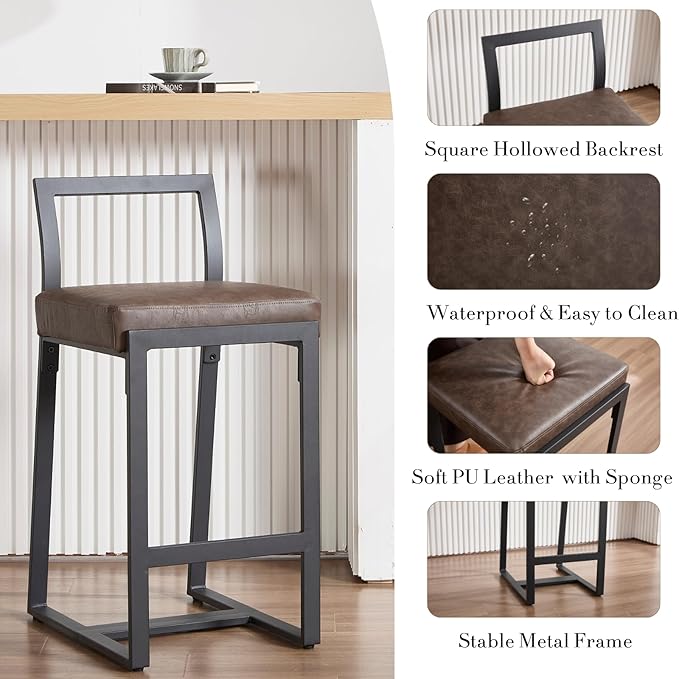 26’’ Modern Bar Stools Set of 4, Upholstered PU Leather Bar Chairs with Backrest Armless Counter Height Stools with Metal Frame for Kitchen Island Dining Room, Grayish Brown