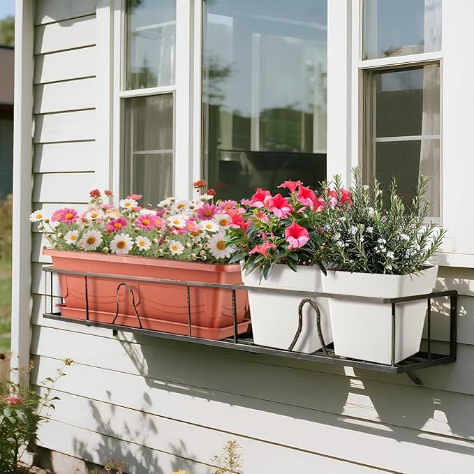 6-Pack 17" + 7" Window Box Planters & Square Pots - 4p Square Planters with Built-in Drainage & Stopper, 2p Rectangular Flower Boxes, Heavy-duty Flower Pots BPA-Free for Indoor Outdoor Gardening