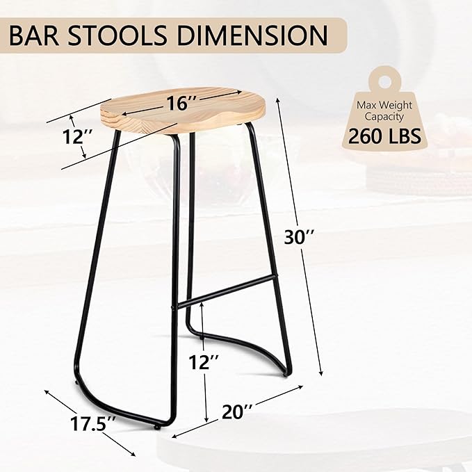 HeuGah 30 Inch Bar Stools Set of 3, Wooden Stool Counter Height Saddle Seat Bar Stools Backless Barstool for Kitchen Island Counter High Stools with Metal Leg (Burlywood, 3 PCS 30Inch Barstool)