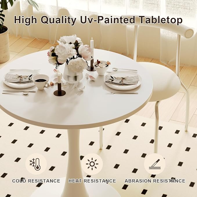 White Round Dining Table for 2 Person, 24 Inch Small Tulip Table with Metal Pedestal for Living Room, Mid Century Modern Kitchen Table for Kitchen, Office, Pub, Bar, Bistro, Circle Cafe Tables