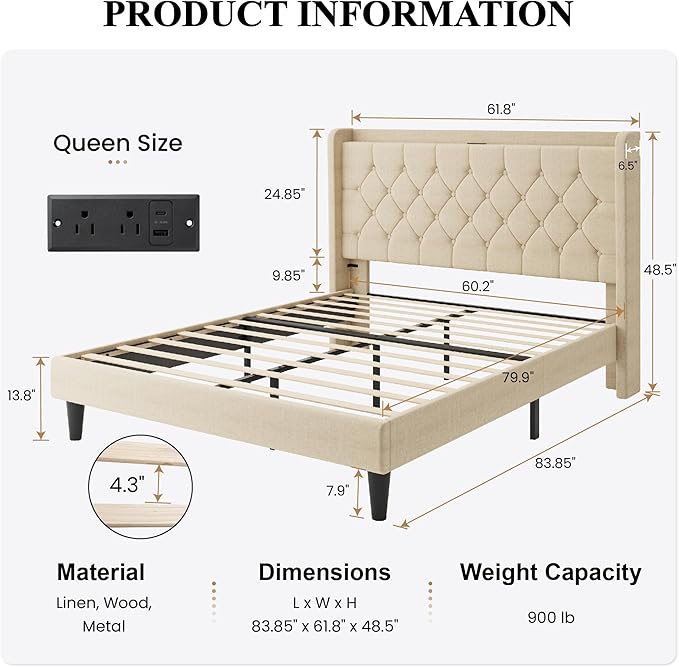 SHA CERLIN Queen Size Platform Bed Frame with Charging Station, Velvet Wingback Headboard with Storage Shelf, Wooden Slats Support, Ample Under-Bed Space, No Box Spring Needed, Easy Assembly, Beige