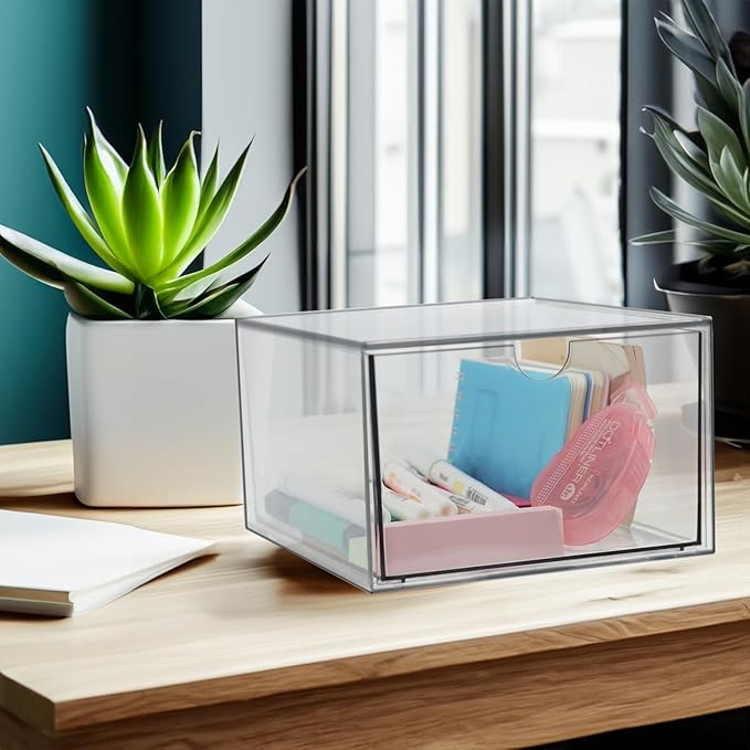 Clear Drawer, Arclic Box, Makeup Organizer Container, 6,5" Storage Drawer for Bathroom Dresser Vainty, Tissue Dryer Sheet Holder Disposable Face Towels Organizer, Light Gray