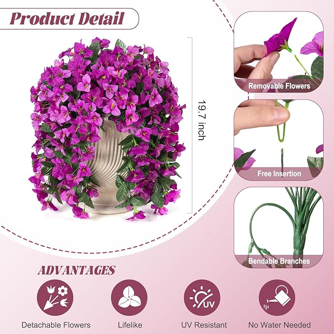 2 pcs Artificial Faux Bougainvillea Flowers Plants for Outdoor Outside Summer Decoration, Fake Silk UV Resistant Long Trailing Vines for Front Door Porch Planter Balcony (Double Lotus)