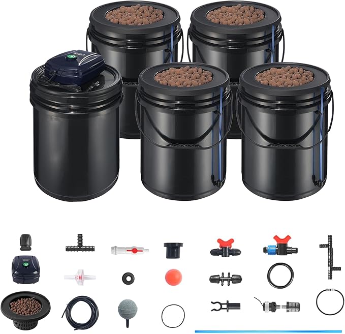 VEVOR RDWC Hydroponics Grow System, Hydroponic Growing Kit with Top Drip, Recirculating Deep Water Culture 4 Buckles and 1 Reservoir, with Air Pump and Water Level Device for Leafy Vegetables