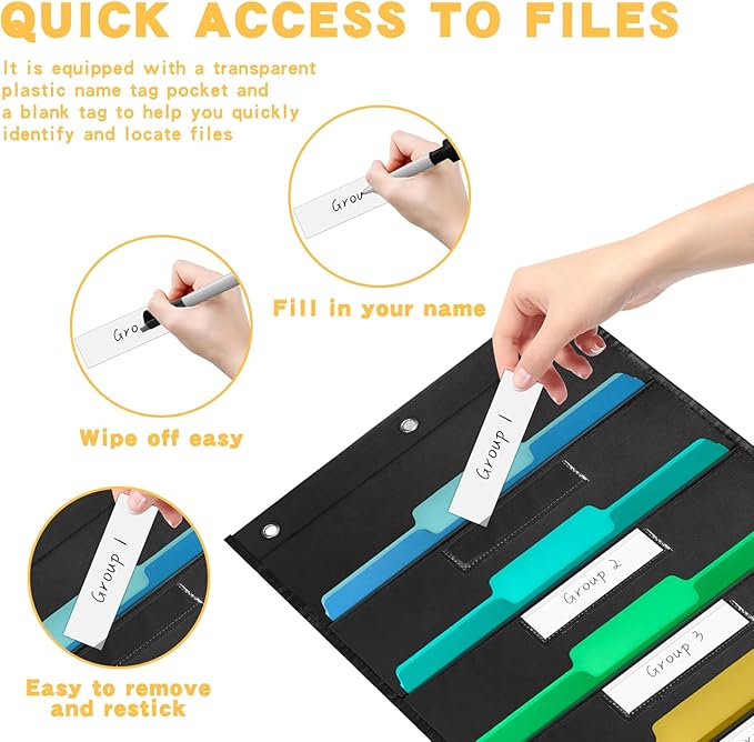 10-Pockets Hanging File Organizer with 3 Over-Door Hangers, Wall Mount Storage Chart with 10 Name Tags for Magazines, Files, Pens in Office & School