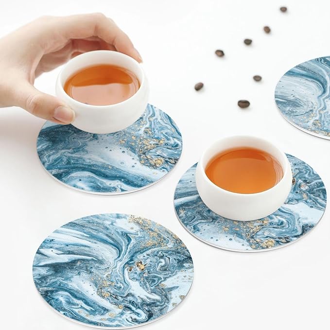 Ocean Gold Sky Blue Marble Coasters Set of 6 Coasters for Drinks Absorbent Double-Sided Leather PVC Coaster for Tabletop Protection Coffee Table Decor Ideal for Home Decor House Warming Gifts