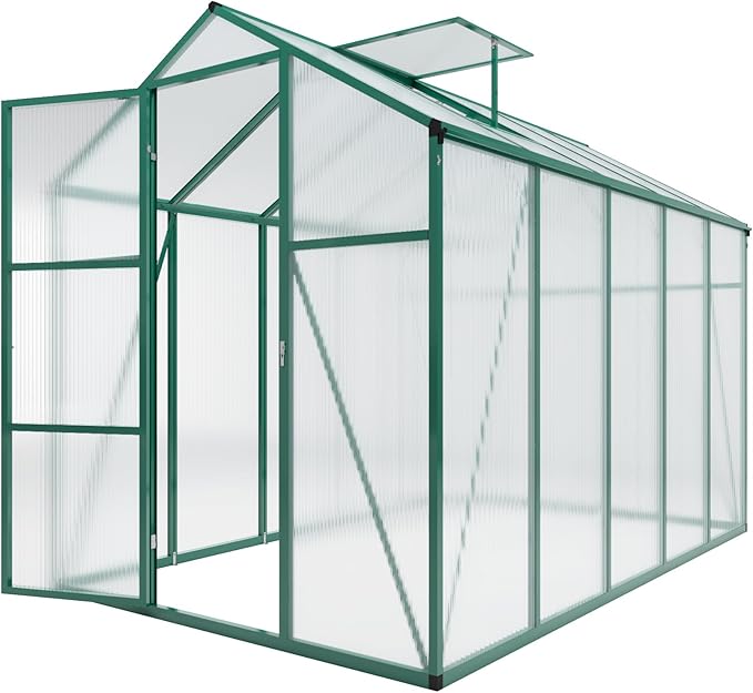 86in High 6*10.2FT Greenhouse for Outdoors, Polycarbonate Greenhouse with Stronger Wind Protection and Roof Vent, Walk-in Large Aluminum Sunroom Winter Proof, Green