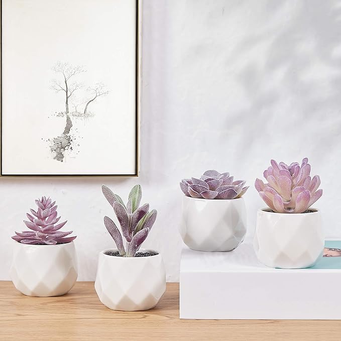 CADNLY Fake Succulent Plant Set - Artificial Desk Plants for Women Desk - Realistic Faux Succulents in Ceramic Pots - Mini Purple Decor for Bedroom Bathroom Office Shelf 4 Pack