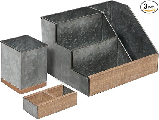 HBCY Creations 3 Piece Galvanized Metal Desk Organizer Set - Rustic Mail Organizer For Desktop - Great For Industrial Home Decor! Makeup Organizer For Vanity