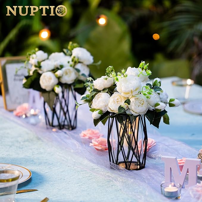 Nuptio Black Pillar Candle Holders - Glass Candles Holder with Geometric Metal Rack Stand for Wedding Birthday Party Centerpieces - Flower Vase Small Hurricane Vases for Office Living Room
