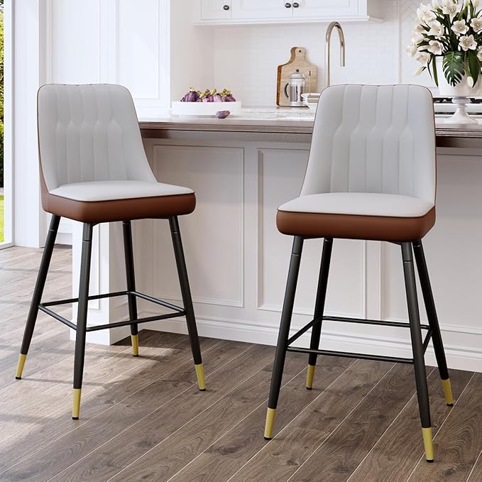 Counter Height Bar Stools Set of 4,27" Bar Stools with Back,Upholstered Counter Height Bar Stool with Sturdy Metal Footrest,Modern Kitchen Island Chairs for Home Pub (4,Grey-Brown)
