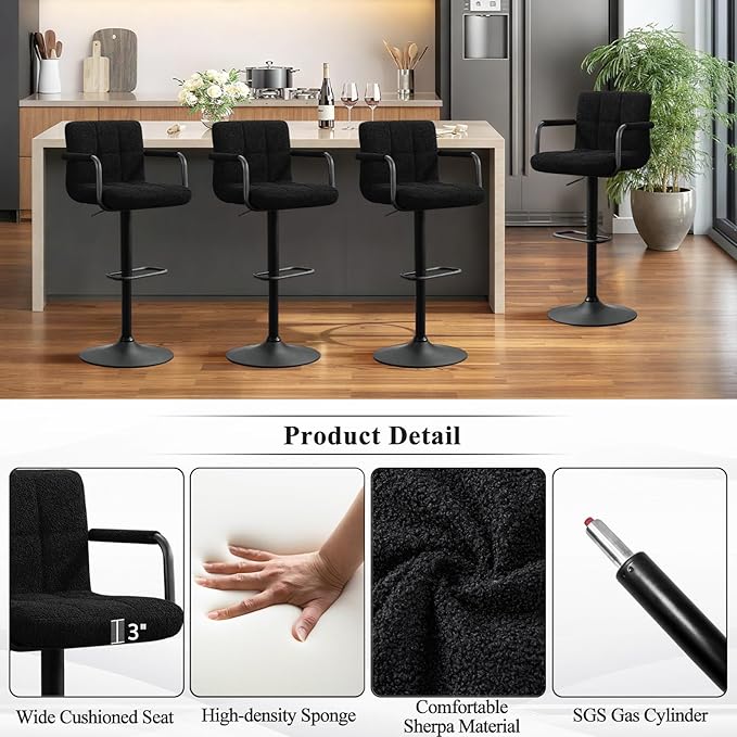 Furniliving Swivel Bar Stools Set of 4, Adjustable Kitchen Counter Height BarStools with Arms, Sherp Upholstered Bar Chair with Back and Footrest for Dining Room, Kitchen, Pub, Bar (Black)