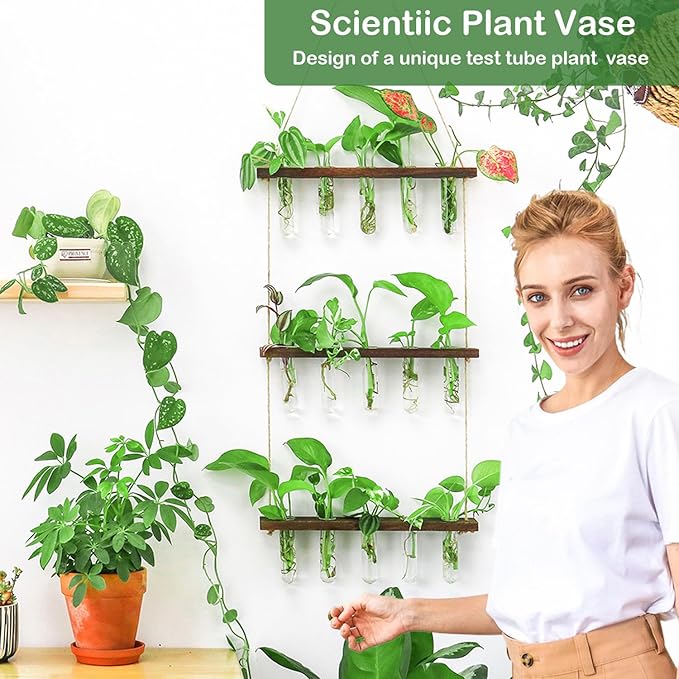 Propagation Station, Plants Terrarium, Plants Lover Gifts for Women,Plant Cutting Holder Home décor,Gifts for Women,House Warming New Home-15 Tubes-Brown