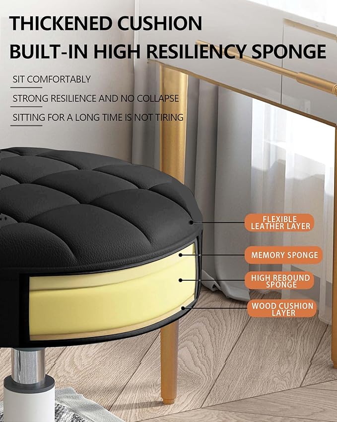 Small Chair Round Rolling Stool with Wheels PU Leather Height Adjustable Swivel Drafting Work SPA Salon Stools Home Office Chair