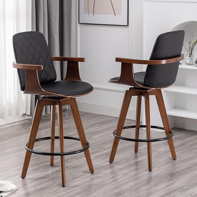 Bar Stools Set of 2, Upholstered Faux Leather Bar Height Bar Stools, Swivel Barstools with Wooden Arms and Legs (Black, 30" Seat Height)