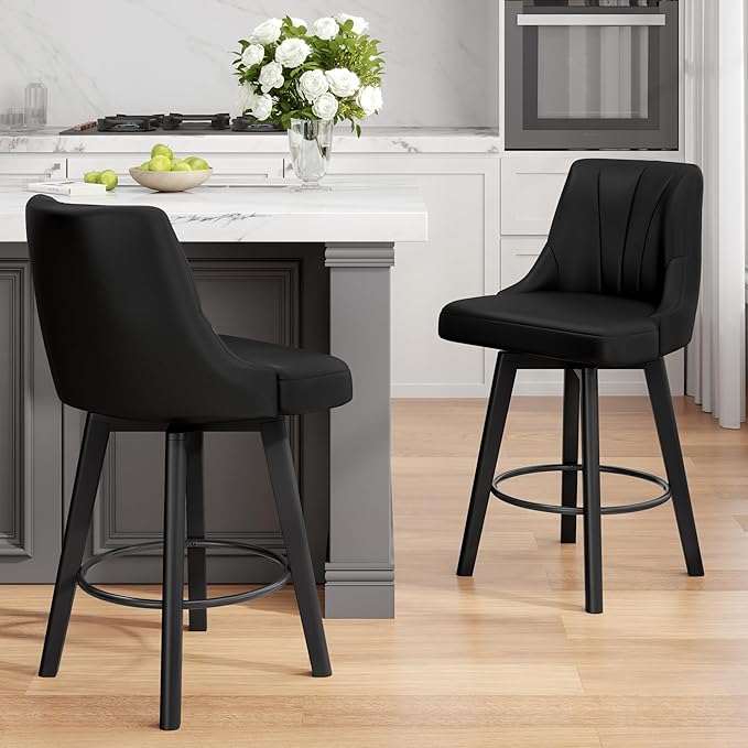 Counter Height Swivel Bar Stool, 24" Upholstered PU Leather Barstools Set of 8, Counter Stool Chair with Back & Solid Wood Legs for Kitchen Island Dining Room (Black)