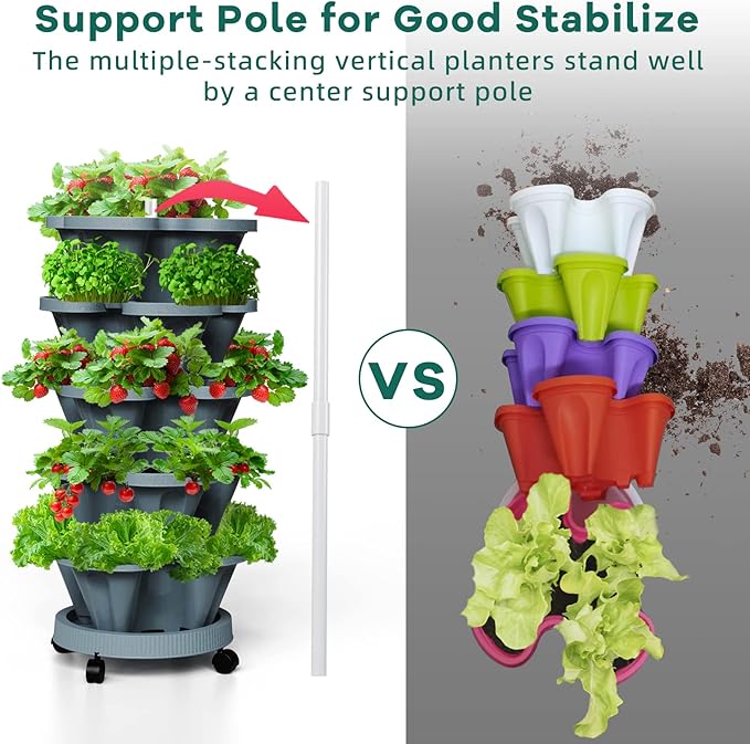 Strawberry Vertical Planters Tower Garden, 5 Tiered Stacking Planter with Support Pole, Stackable Herb Vegetable Planters Indoor and Outdoor - Dark Grey