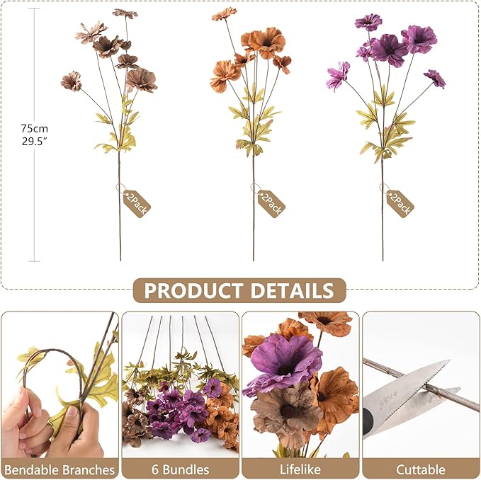 6PCS Artificial Fall Flowers Realistic Fake Flowers Bouquet Faux Autumn Flowers Arrangements for Centerpieces Table Decor Home Office Wedding Decorations