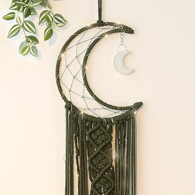 Olive Macrame Moon Dream Catcher, Boho Crescent Phase Woven Wall Hanging with Light, Handmade Unique Bohemian Nursery Decor with Star Ornament Decoration for Home Bedroom, for Girl Kids